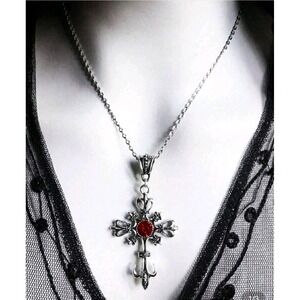 Cross Necklace Fleur de‎ Lis Pendant Red Jewel Gothic Victorian Silver Tone